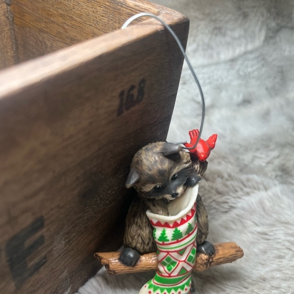 Raccoon with Christmas Stocking Ornament | Woodland Holiday Decor - Picture 3 of 7